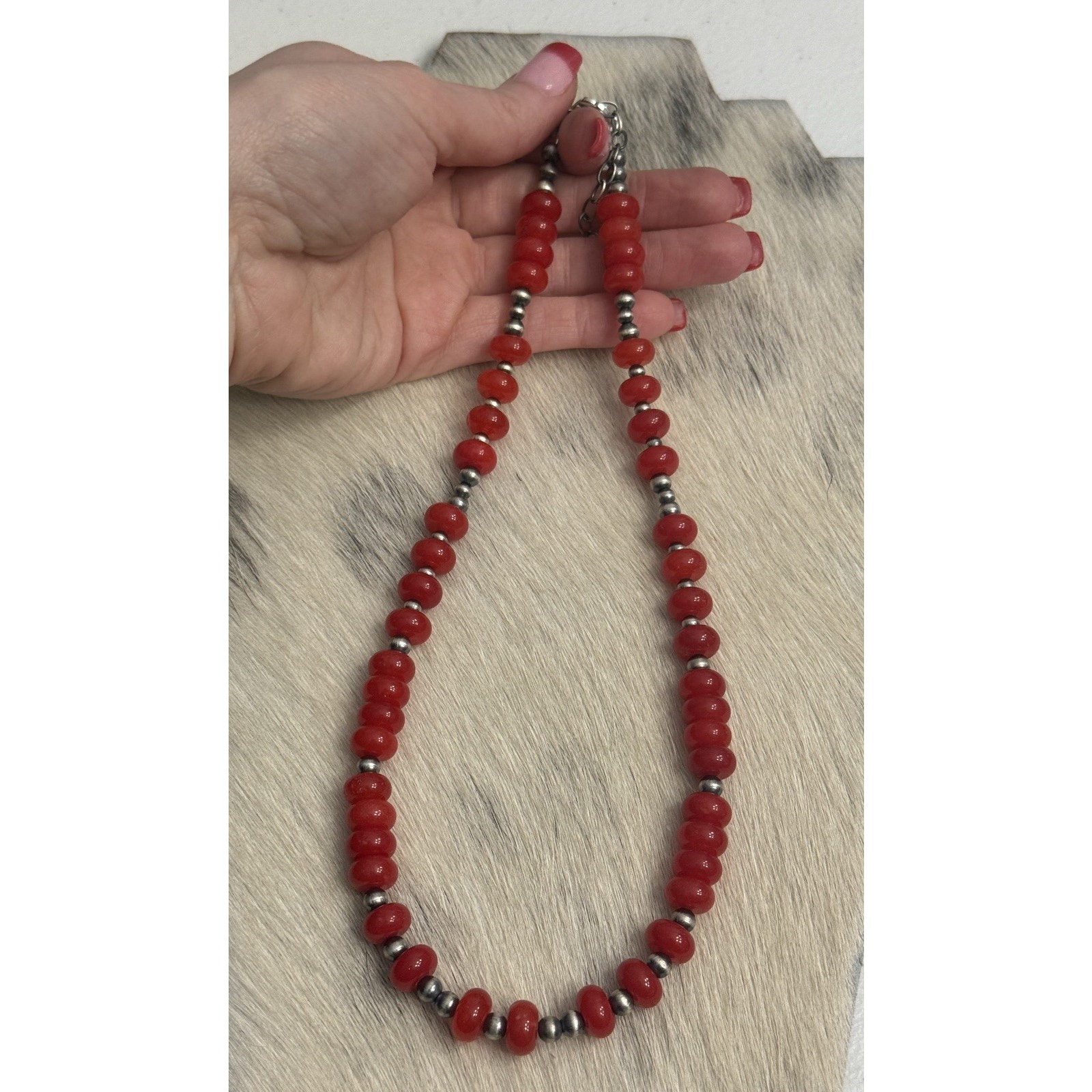 Native American Sterling Silver Navajo Pearl 8mm Red Quartz Rondelle Necklace 18 165$